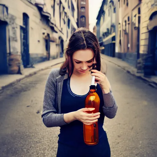 Image similar to photograph of woman holding a bottle in street, kodak, 4 k, realistic intricate detail, hyper detail, woman very tired, full body potrait holding bottle, hazel green eyes, realistic, highlydetailed, natural, masterpiece, sharp focus,