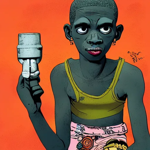 Prompt: an african boy from the movie tank girl, by jamie hewlett and sawoozer and geof darrow and roger ballen,