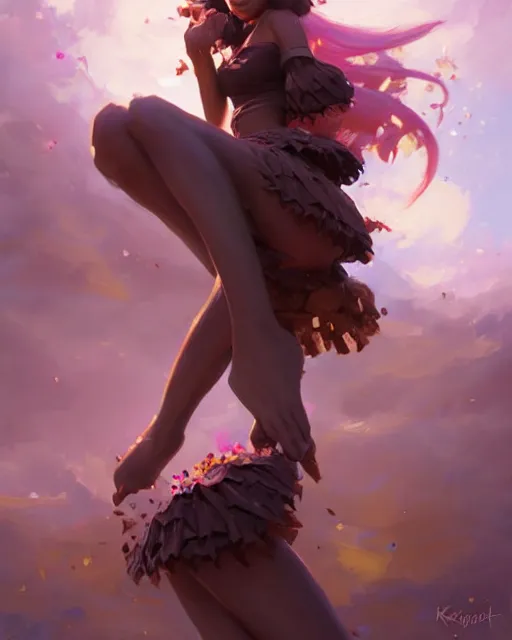 Image similar to a ( ( girl as personification of chocolate cupcake ) ), beauty, fantasy bakery, digital painting by krenz cushart, greg rutkowski, artgerm, laurie greasly, wlop, intricate, highly detailed!!, sharp focus, smooth, epic composition, joyful, unreal engine, masterpiece, 8 k