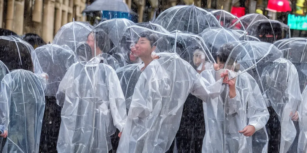 Prompt: people in transparent raincoats holding transparent umbrellas