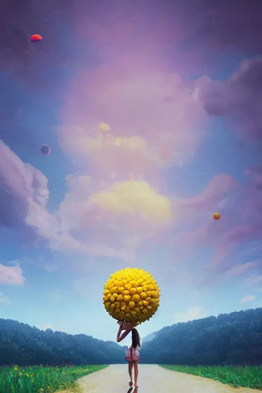 Image similar to giant corn flower head, girl walking on the moon, surreal photography, sunrise, dramatic light, impressionist painting, colorful clouds, digital painting, artstation, simon stalenhag