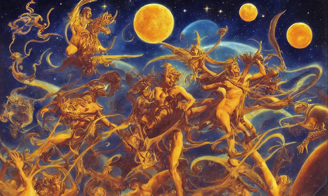 Prompt: sun king and moon boys in the cosmic court of mystical astronomy, art by boris vallejo and manuel sanjulian