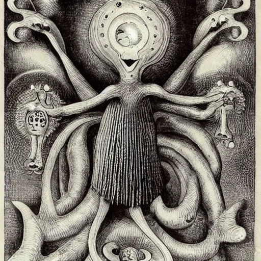 Prompt: whimsical freaky creature sings a unique canto about \'as above so below\' being ignited by the spirit of Haeckel and Robert Fludd, breakthrough is iminent, glory be to the magic within