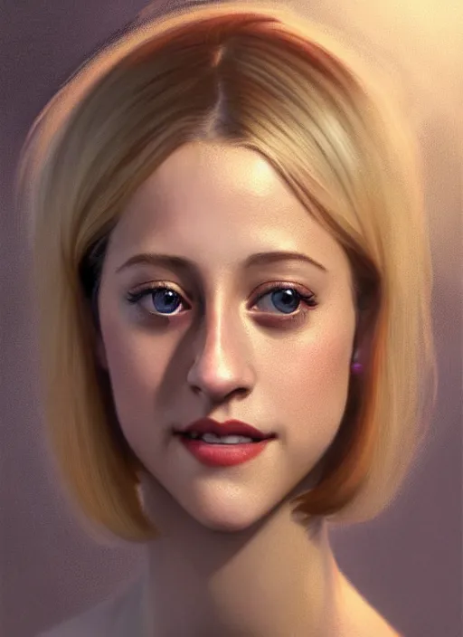 Image similar to portrait of lili reinhart, smiling kindly, bangs, 1 9 6 0 s, ponytail, bangs and ponytail, intricate, elegant, glowing lights, highly detailed, digital painting, artstation, concept art, smooth, sharp focus, illustration, art by wlop, mars ravelo and greg rutkowski