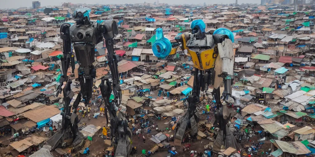 Prompt: giant mecha ROBOT of AJEGUNLE SLUMS of Lagos, writing on robot,