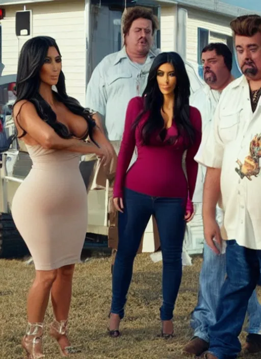 Prompt: film still of kim kardashian in trailer park boys,