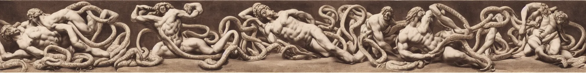 Image similar to long line-up of laocoon and his sons struggling with serpents, intertwined full body view, colorized postcard photography, white background