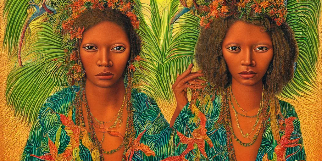 Image similar to very high resolution image. a beautiful tropical landscape, portrait of a spiritual ancestor. 2 4 mm, photorealistic, abstract, directed by mati klarwein