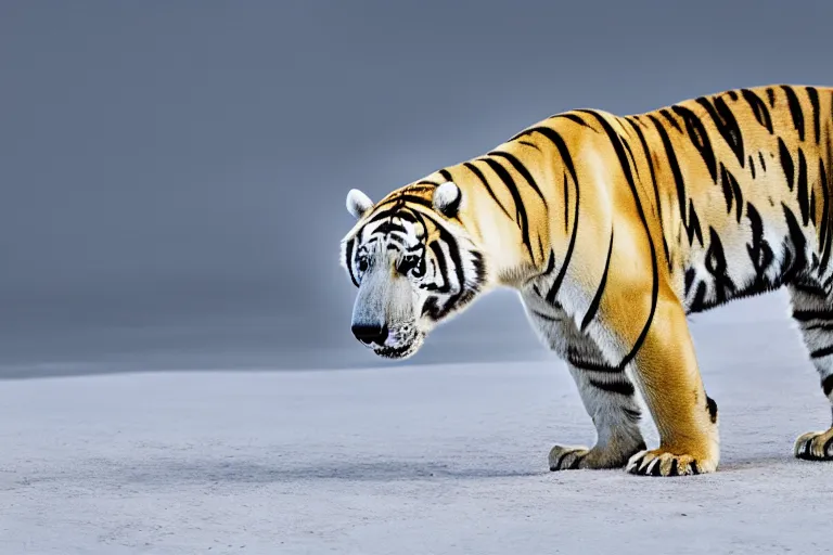 Image similar to a tiger polar bear!!! hybrid! hyper realistic!! realistic lighting!! wildlife photographer of the year!!! bold natural colors, national geographic, hd, wide angle, 8 k