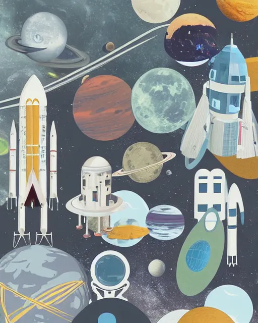 Prompt: A collage of Space Travel, landing on the moon, mid-century modern, made of random shapes cut from magazines