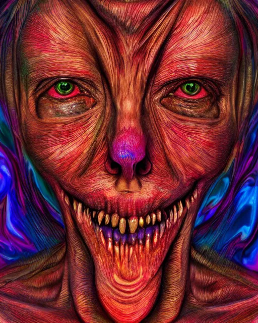 Image similar to realistic portrait of a creature experiment gone wrong, psychedelic, dark art, facing camera, photo realistic, detailed, 1 4 5 0, delicate, hyper realism, ultra realistic, 8 k