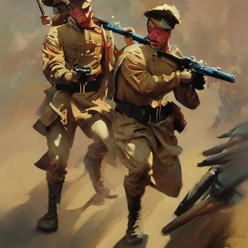 Image similar to greg manchess painting of a propganda poster of a group of men charging at the enemy wearing military uniform, painting, trending on artstation, by huang guangjian and gil elvgren and sachin teng