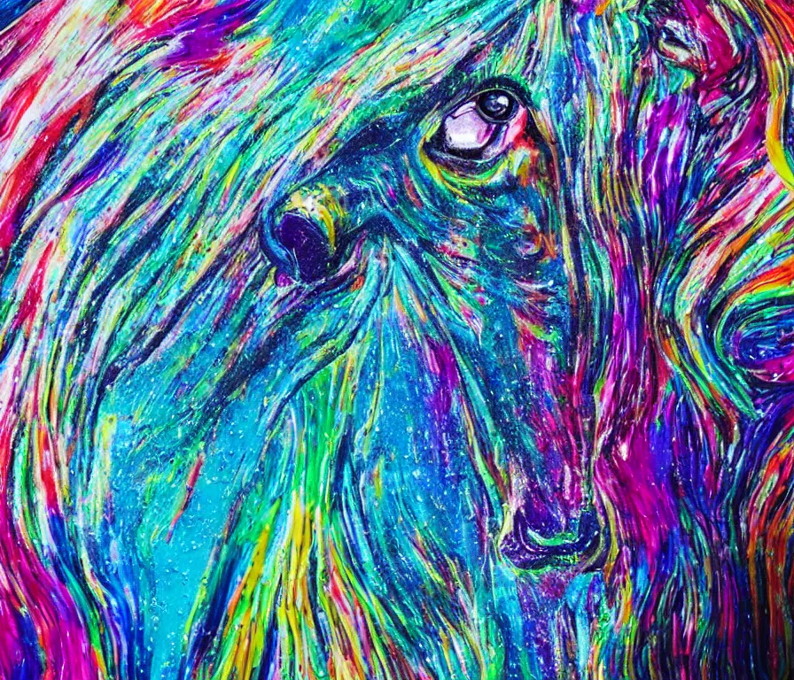 Image similar to still shot close up footage of the portrait of a horse head made of acrylic pour and coloured powder explosion and splashing paint and dripping paint and flying paint chunks, motion blur, hyperrealistic, medical, intricate art photography, anatomically correct, realistic crisp textures, 1 6 k