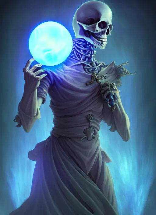 Prompt: lunatic fantasy necromancer with a skull face holding a glowing blue orb natural lighting, path traced, highly detailed, high quality, digital painting, by don bluth and ross tran and studio ghibli and alphonse mucha, artgerm