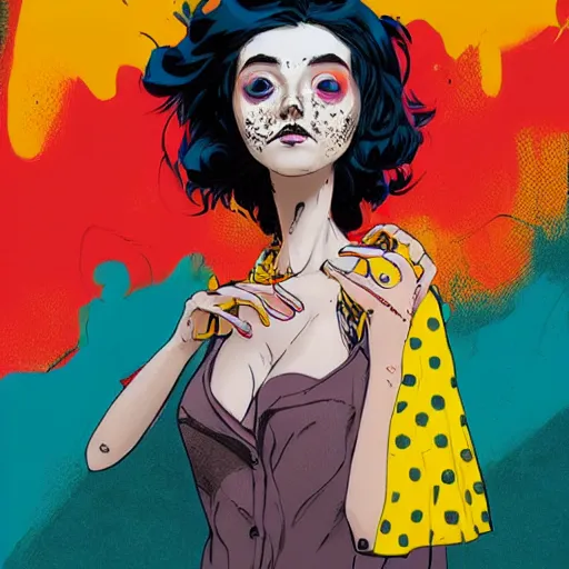 Image similar to Highly detailed portrait of pretty punk zombie young lady with, freckles and beautiful hair by Atey Ghailan, by Loish, by Bryan Lee O'Malley, by Cliff Chiang, inspired by image comics, inspired by graphic novel cover art, inspired by izombie !! Gradient blue and yellow color scheme ((grafitti tag brick wall background)), trending on artstation