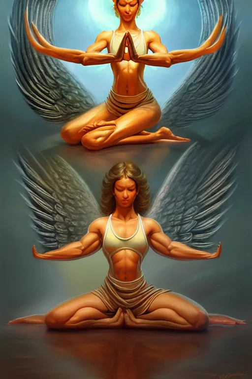 Prompt: angel doing yoga in temple, fantasy, intricate, elegant, highly detailed, digital painting, artstation, concept art, matte, sharp focus art by boris vallejo, smooth, sharp focus, illustration