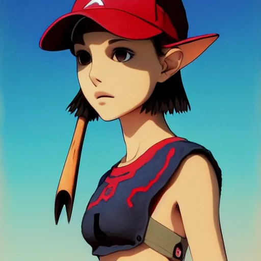 Image similar to beautiful boyish natalie portman alluring gravure model in majora's mask, wearing wooden mask and baseball cap and leotard, street wear with subtle mayan patterns, aztec bathing suit, gapmoe yandere grimdark, trending on pixiv fanbox, painted by greg rutkowski makoto shinkai takashi takeuchi studio ghibli, akihiko yoshida