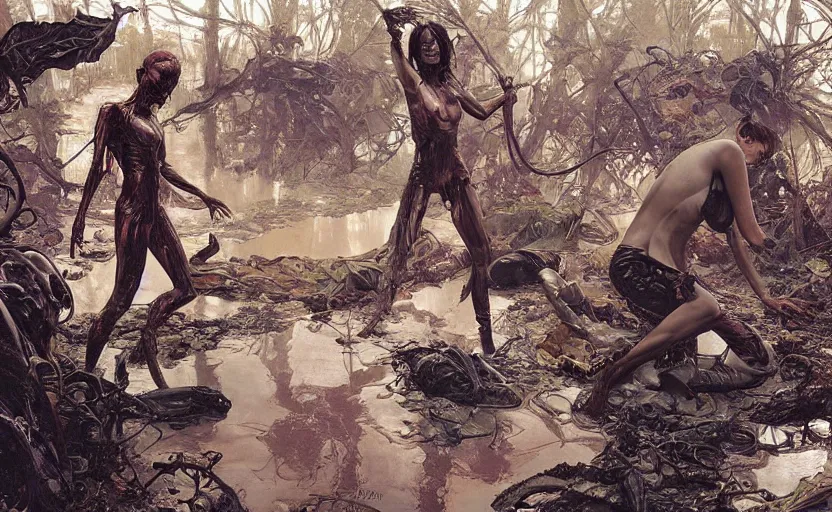 Image similar to digital painting of ovni crash swamp wasteland, alien body parts on the floor, elegant artwork by lee bermejo and greg rutkowski and alphonse mucha