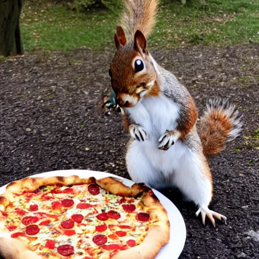 Prompt: Rocky the Squirrel having tea with pizza.