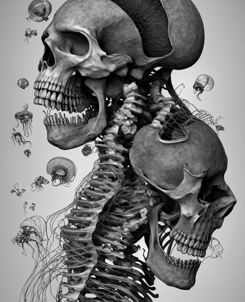Image similar to goddess close-up portrait human skeleton, ram skull, skeleton, thorax, x-ray, backbone, jellyfish phoenix head, nautilus, orchid, skull, betta fish, bioluminiscent creatures, intricate artwork by Tooth Wu and wlop and beeple. octane render, trending on artstation, greg rutkowski very coherent symmetrical artwork. cinematic, hyper realism, high detail, octane render, 8k