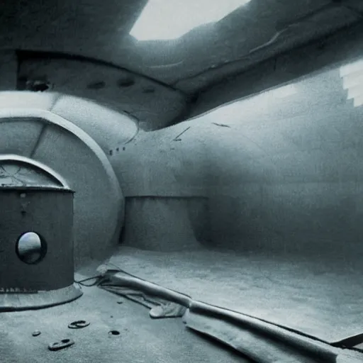 Image similar to year 1930, inside an empty ussr submarine, foggy and dark with littles light beams coming from many holes, in metal walls, photorealism 8k, cinematic, high details, neat