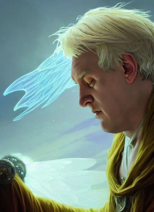 Image similar to Portrait of Clive Palmer, blonde shaggy hair, cloak, ethereal wings, fantasy, extremely detailed, digital painting, artstation, concept art, smooth, sharp focus, illustration, stunning lighting, art by artgerm and greg rutkowski and alphonse mucha and simon stalenhag, realistic character concept, high fantasy, light atmosphere, golden ratio, cinematic lighting, hyperdetailed, high resolution, insanely detailed and intricate, artstation, Marc Simonetti, Greg Rutkowski, 8k