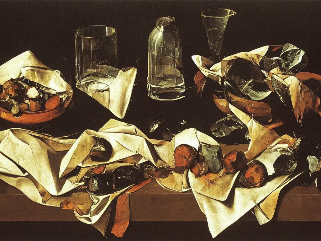 Image similar to by Michelangelo Merisi da Caravaggio Still Life with broken shattered wine bottles