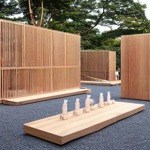 Prompt: light wooden construction designed by sou fujimoto for a tea drinking ceremony