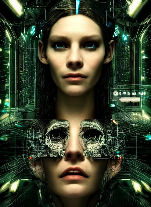 Prompt: 35mm portrait of an intricate and sophisticated borg with face implant above her eye, on the background of a weird magical mechanical forest. Round gears visible inside her hear. Very detailed 8k. Fantasy cyberpunk horror. Sharp. Cinematic post-processing