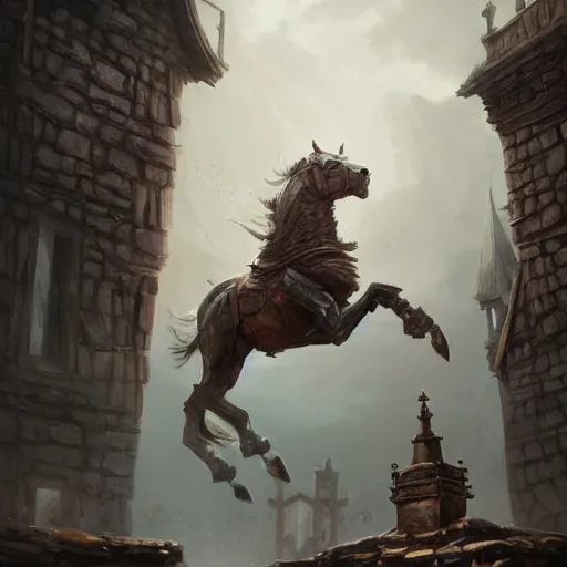 Image similar to a chess piece comes alive, the horse jumps over the ancient tower piece in the wooden chessboard, fantasy art, in the style of greg rutkowski, illustration, epic, fantasy, cinematic, intricate, hyper detailed, artstation, concept art, smooth, sharp focus, ray tracing