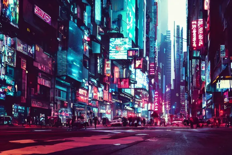 Prompt: cinematography of a busy cyberpunk city street by Emmanuel Lubezki
