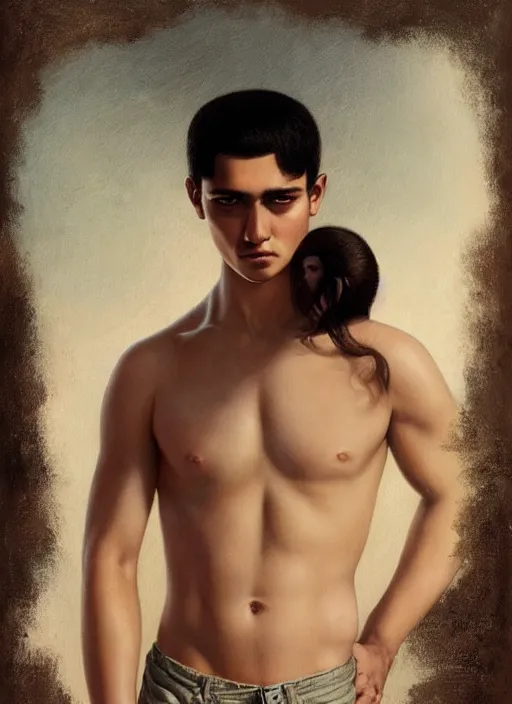 Prompt: a macho portrait of a shirtless young mexican man with dark brown eyes and short black hair, art by manuel sanjulian and tom bagshaw and george quaintance