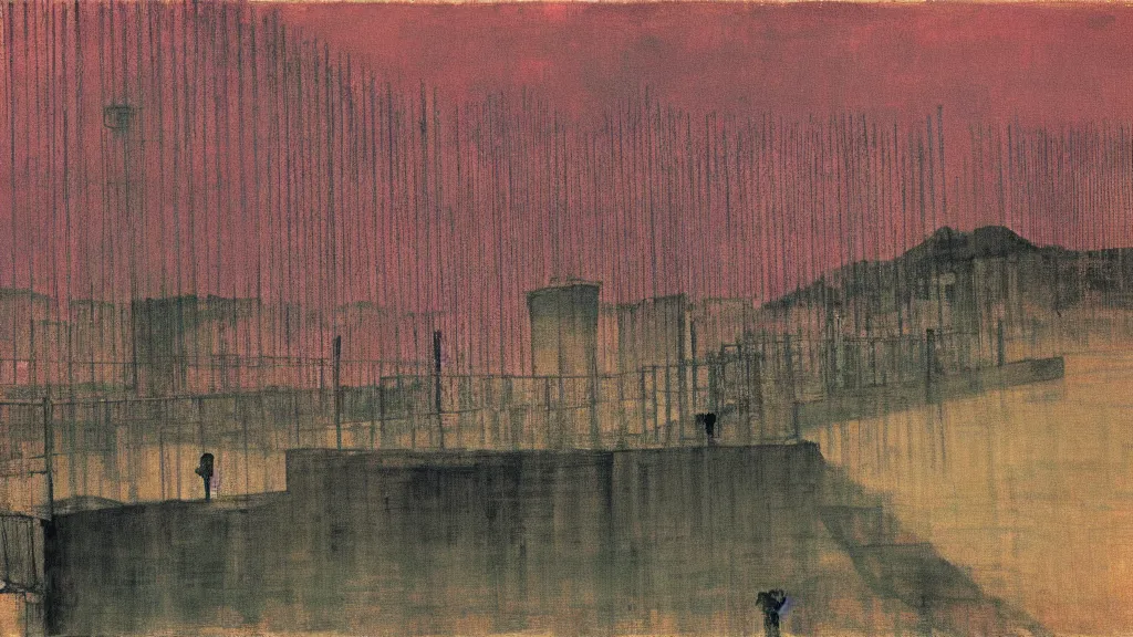 Image similar to a chinese prison near a river by peter doig, muted colors