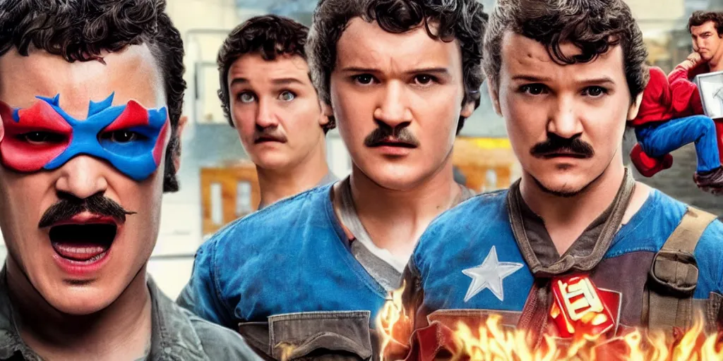 Image similar to pedro pascal stars as super mario in live action, stranger things and marvel style, heroic pose, poster, accurate ultra realistic faces, 4 k, movie still, uhd, sharp, detailed, cinematic, render, modern