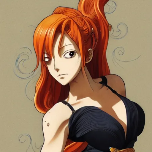 Image similar to intricately detailed vfx portrait of nami from one piece by eiichiro oda, makoto shinkai, alphonse mucha, art by artgerm and greg rutkowski, best of behance, concept art, matte, sharp focus, orange hair, elegant, adolphe bouguereau, annie leibovitz, stanley kubrick, cel shading, tone mapped,