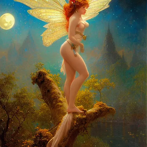 Image similar to attractive fairy magically floating high in the night, fantasy, full moon in background. highly detailed painting by gaston bussiere, craig mullins, j. c. leyendecker, sharp focus, 8 k