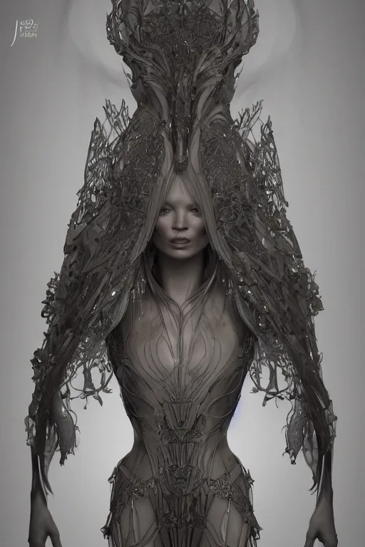 Prompt: a realistic moody photo of a beautiful ancient alien woman goddess kate moss angel standing in iris van herpen dress jewelery and fractals in style of alphonse mucha art nuvo dmt trending on artstation made in unreal engine 4