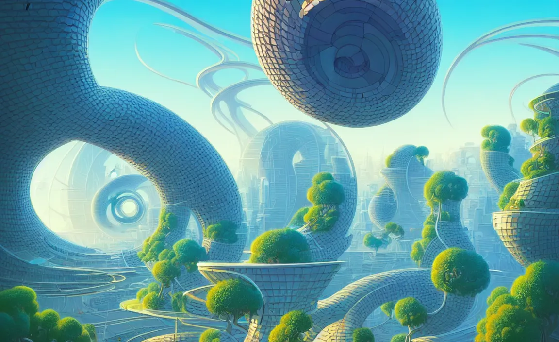 Prompt: a futuristic city, trees, spiral, naive nerikomi, weird perspective, extra narrow, detailed illustration by moebius and james jean, scenic spiral environment by rhads and moebius and pixar, trending artstation, spiral clouds and swirly mist