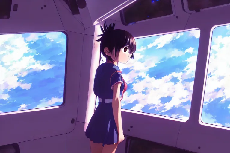 Prompt: Anime girl looking through a window of a spaceship, sci-fi, stars, space, painting in style of krenz cushart ilya kuvshinov KyoAni, Makoto Shinkai,Hideaki Anno,Mochiduki Key ,Studio Ghibli, Madhouse, WHITE FOX, Studio Trigger,GAINAX ,K-ON,yuruyuri, cygames,Production I.G ,wit studio,P.A.WORKS,ufotable,mappa,TOEI Animation,trending on artstation pixiv makoto shinkai visual novel