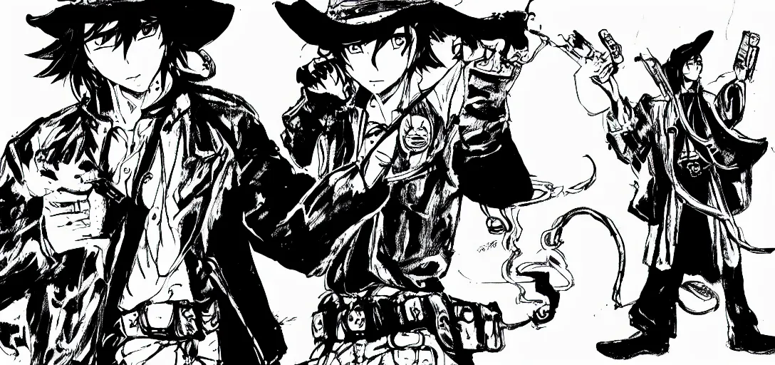 Prompt: the soul hunting cowboy, in the style of manga