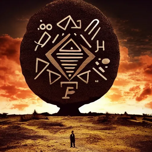 Image similar to symmetric, dark background, apocalyptic sky, sun radiating, monolith with alien runes, surreal geology, human figure, steps