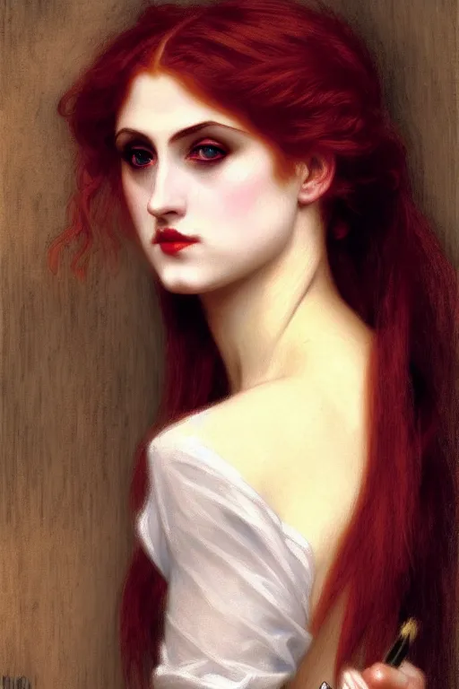 Image similar to victorian vampire blondes hair, painting by rossetti bouguereau, detailed art, artstation