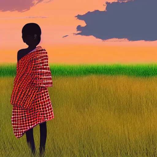 Image similar to a maasai girl standing in the savanna during a sunset by studio ghibli