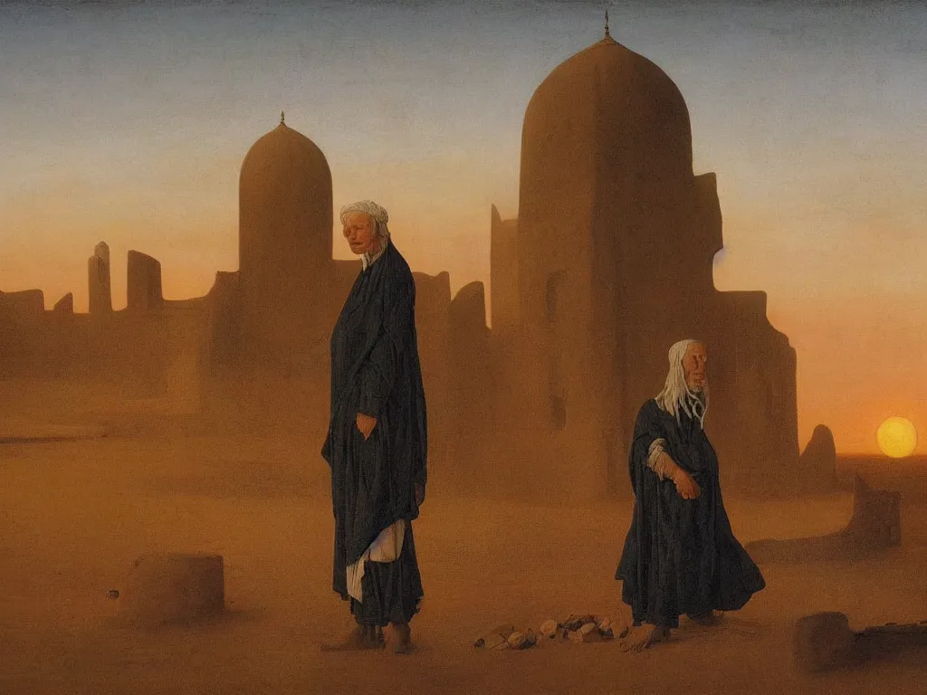 Image similar to Portrait of albino mystic with blue eyes, with ruins of a mosque in the distance in the desert. Sandstorm, sunset. Painting by Jan van Eyck, Caspar David Friedrich, Rene Magritte, Agnes Pelton, Max Ernst, Walton Ford