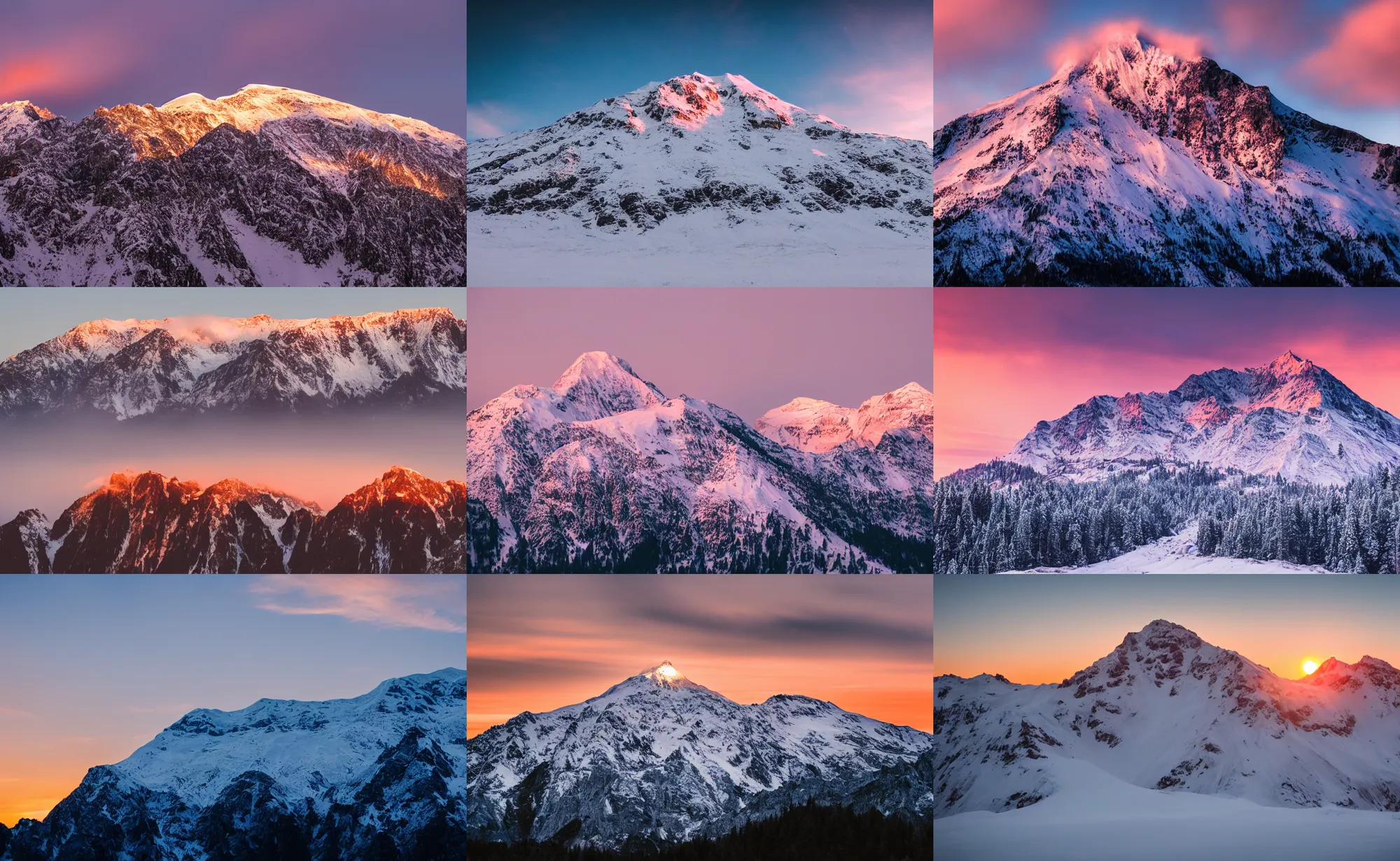 Prompt: professional photo of a snow topped mountain lit by the sunset