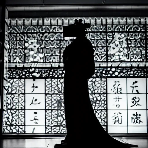 Prompt: a dark, back lit, silhouette of a mechanised cyber geisha, beautiful, detailed intricate traditional clothing, neon light halo, standing in font of a dark corridor,