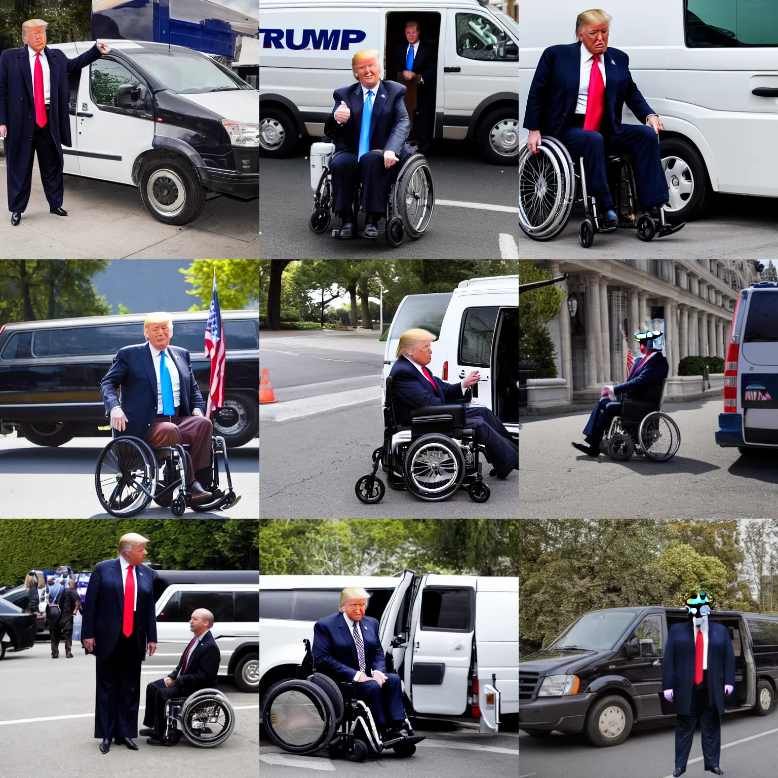 Prompt: donald trump in a wheelchair next to van, photograph, happy, high resolution, high quality, beautiful face, attractive