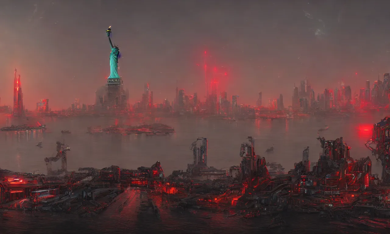 Image similar to giant harbor robot statue of liberty looking over the harbor, by asher brown durand, trending on artstation, 8 k resolution, red lights, cyberpunk, demonic symbols