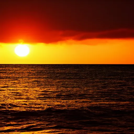 Prompt: sunset on the ocean, black sky, sky is black, sun setting in a dark sky, water is golden, gold ocean, sunset with dark sky and gold water