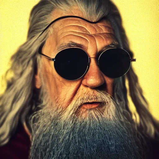 Prompt: portrait of gandalf wearing sunglasses, beautiful portrait, studio lighting, 4 k, masterpiece pinhole camera